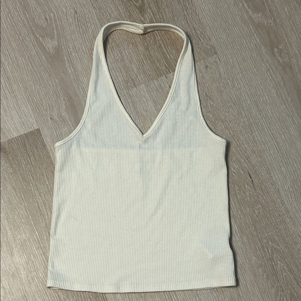 American Eagle Cropped V Neck Ribbed Cream Halter Top sz Medium